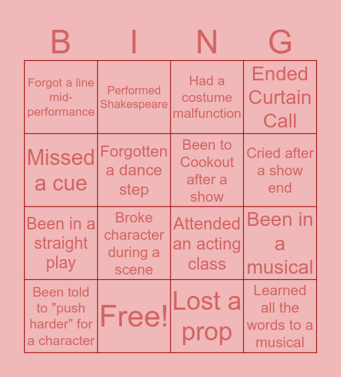 Theatre Bingo Card