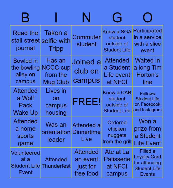 NCCC Student Life BINGO! Bingo Card