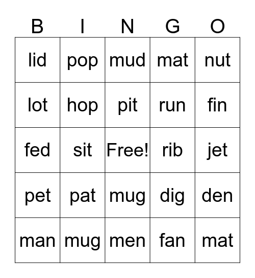 Short Vowel Bingo Card