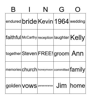 Ann & Jim's Golden Anniversary Bingo Card
