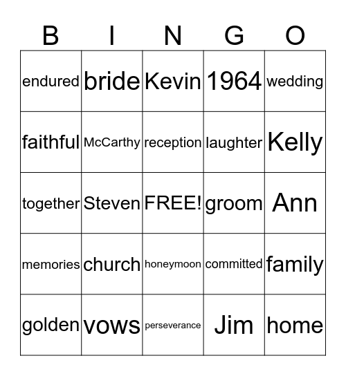 Ann & Jim's Golden Anniversary Bingo Card