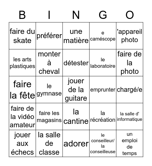 Fr 3 - Chap 1 Voc  1 Bingo  Bingo Card