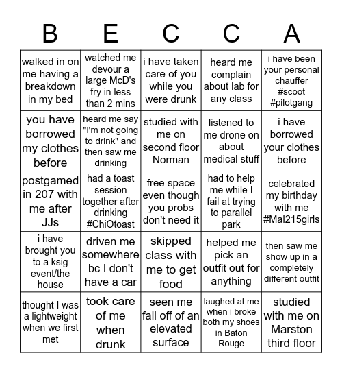 Becca's Bingo Card