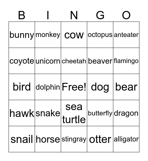 Animals Bingo Card