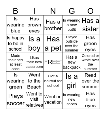 Welcome to Second Grade! Bingo Card