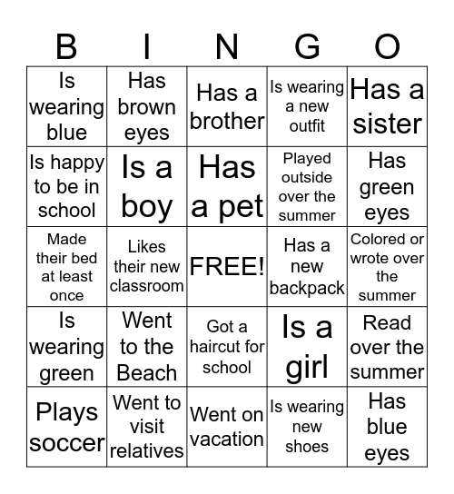 Welcome to Second Grade! Bingo Card