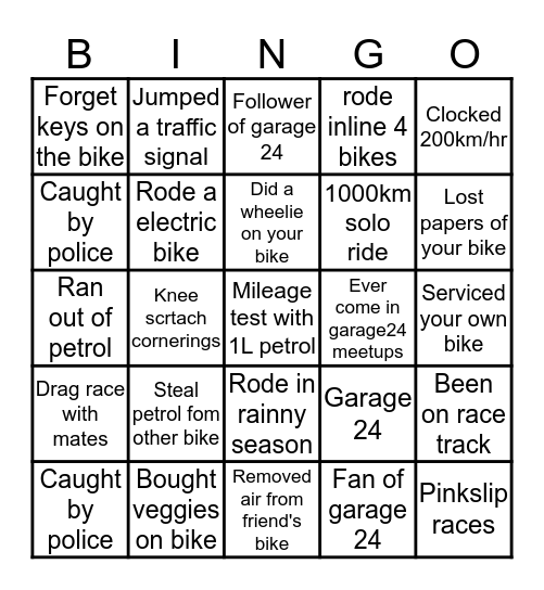 Bike Bingo by Garage 24 Bingo Card