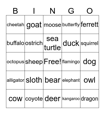 Animals Bingo Card