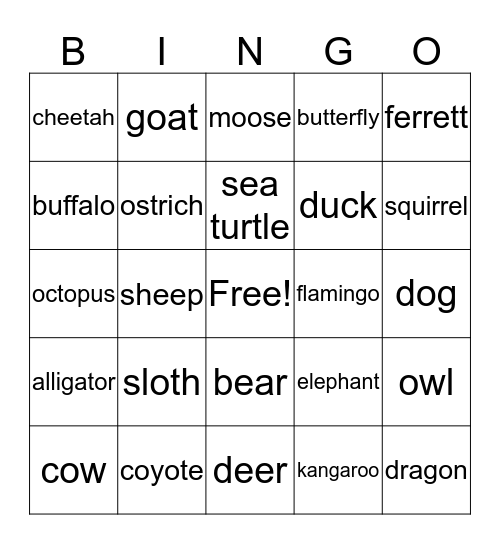 Animals Bingo Card