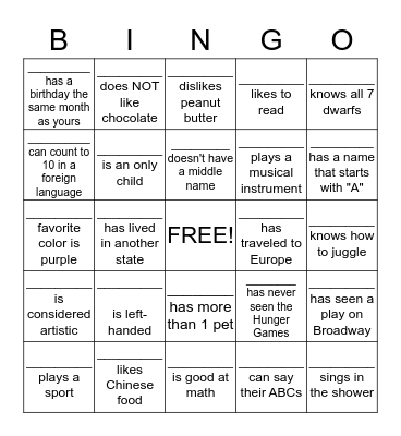 Getting to Know You Bingo Card