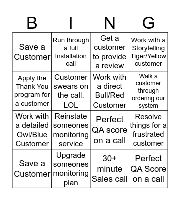 Cove Bingo Card