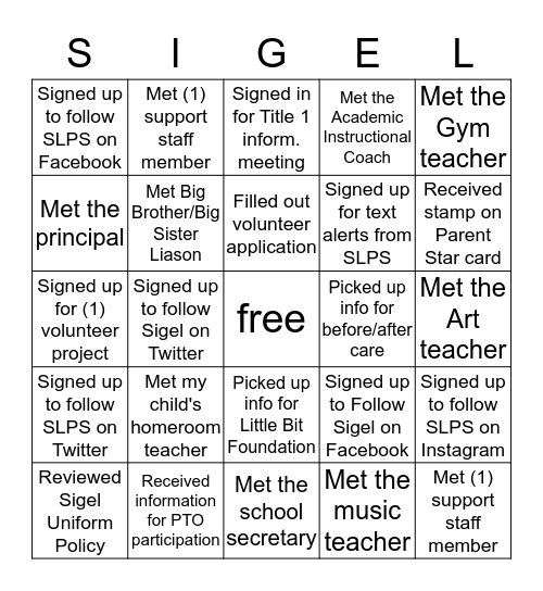Sigel Search Bingo Card
