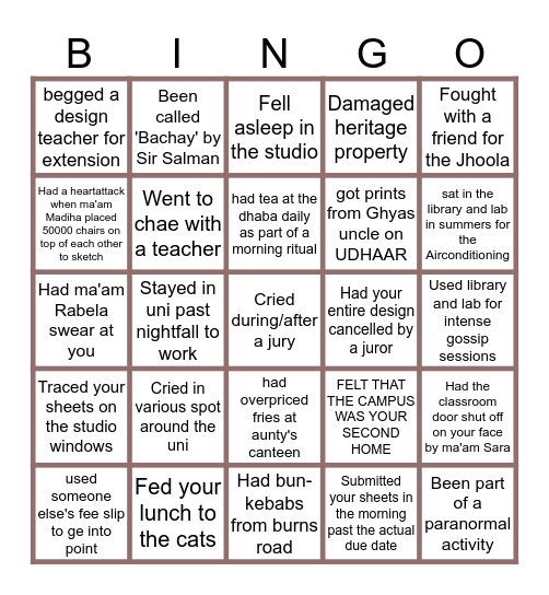 NED CITY CAMPUS BINGO!! Bingo Card