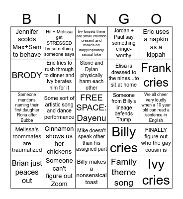 Moss Family Passover Bingo Card