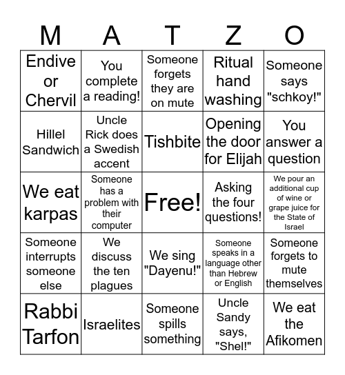 A Very Reback Passover Bingo Card