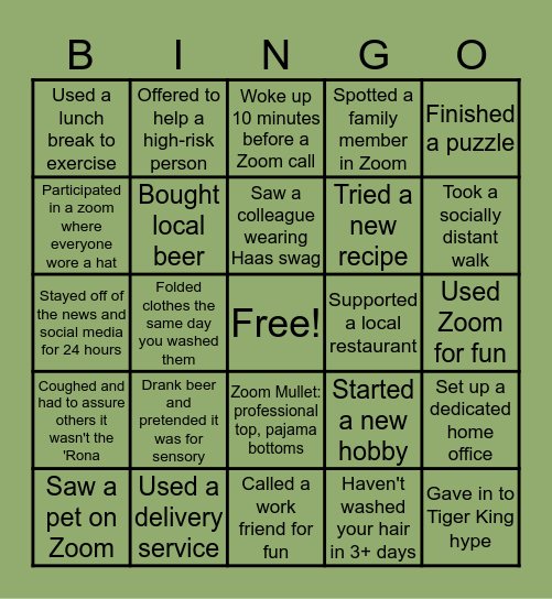 Haas Isolation BINGO Card