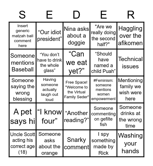 Virtual Family Seder Bingo Card