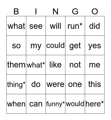 Dolch List #3 Bingo Card