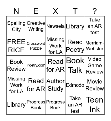 Mrs. Zeiger's Language Arts "Menu" for 8th Grade Bingo Card