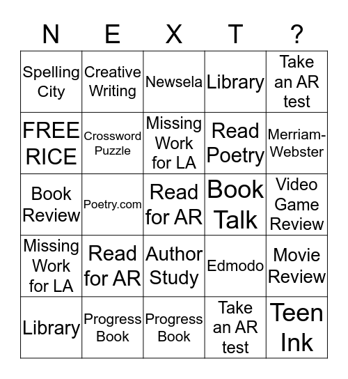 Mrs. Zeiger's Language Arts "Menu" for 8th Grade Bingo Card