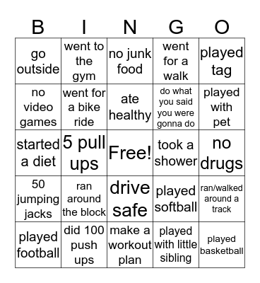 p.e./ health bingo Card