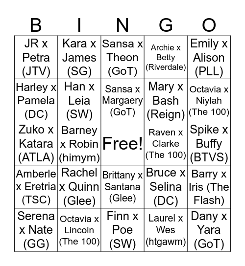 Penny’s Favorite Ships Bingo Card
