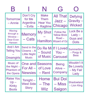 Show Tunes Bingo Card