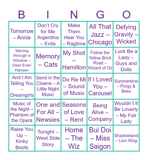 Show Tunes Bingo Card