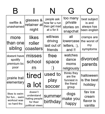 caroline’s bingo Card