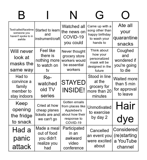 Social Distancing BINGO Card