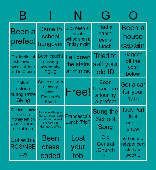 NHSG 6th FORM BINGO Card