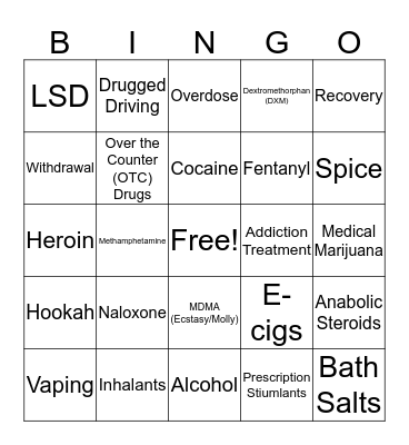 Drug & Alcohol Facts Bingo Card