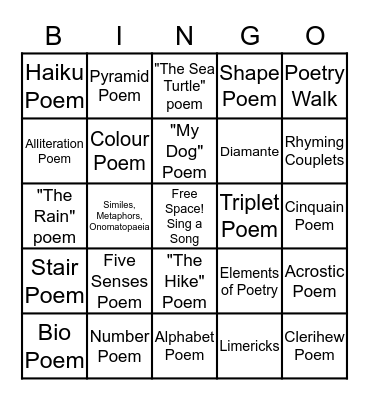 Poetry Fun Bingo Card