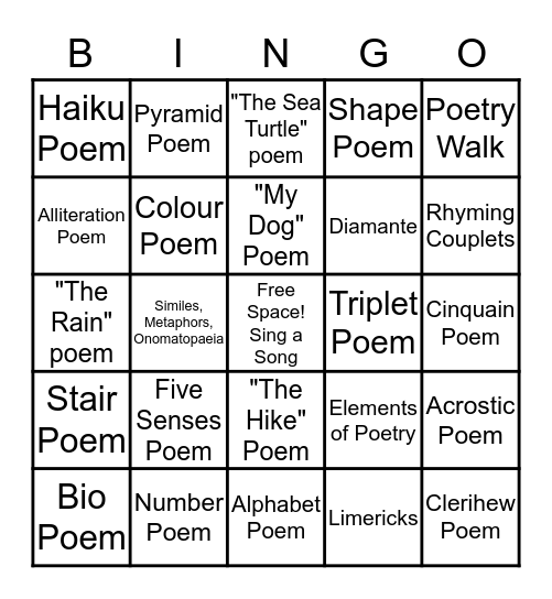 Poetry Fun Bingo Card