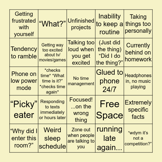 ADHD Bingo Card