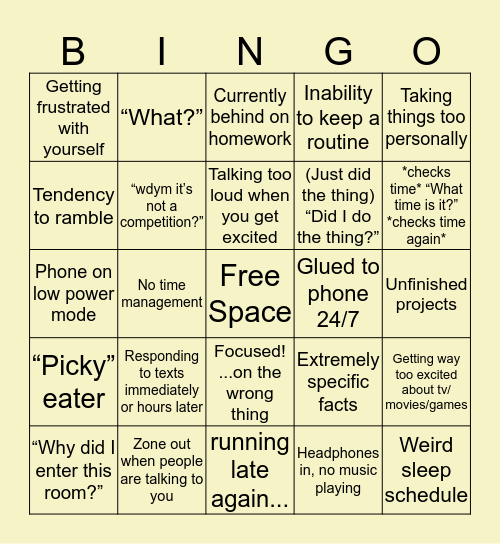 ADHD Bingo Card