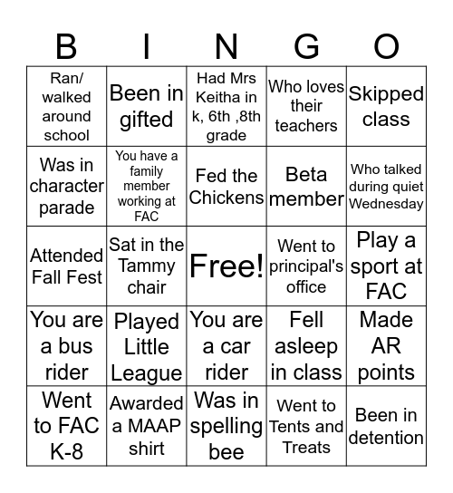 Fairview  Cardinals Bingo Card