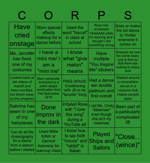 Esprit de Corps Dance Co. Bingo! Bingo Card