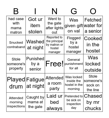 Yagai academy female hostel Bingo Card
