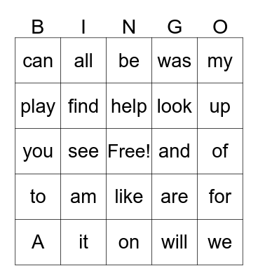 Sight Words Bingo Card