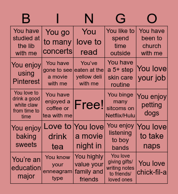 Sarah Bingo Card