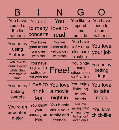 Sarah Bingo Card