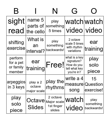 Cello Intermediate Lesson Bingo Card