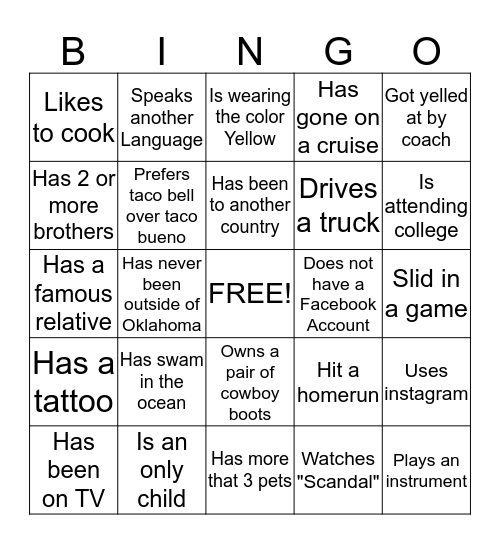 "Get to Know Your Team" Bingo Card