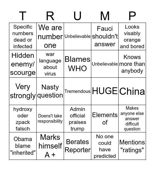 Trump Coronavirus Bingo Card