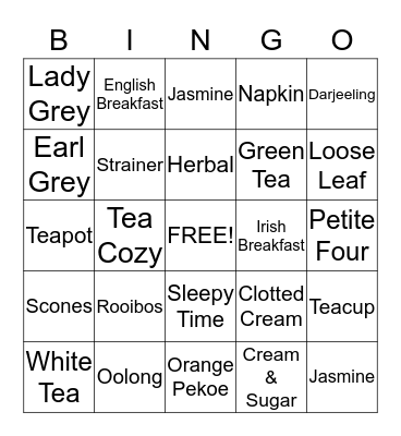 Tea Time Bingo Card