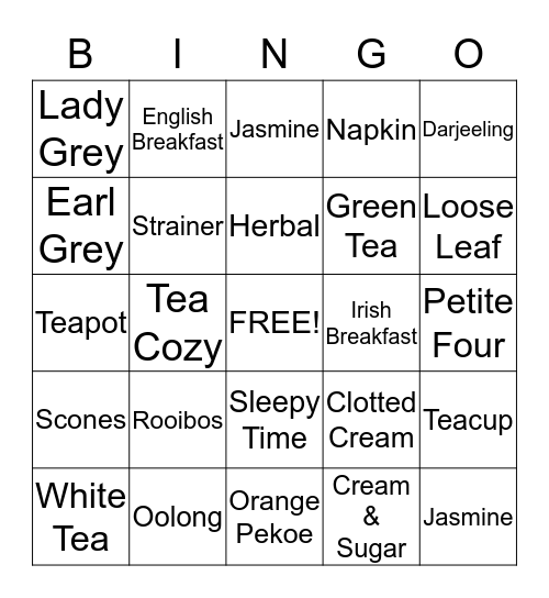 Tea Time Bingo Card