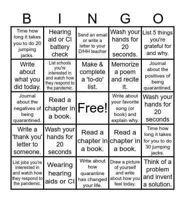 D/HH Bingo (7th grade and up) Bingo Card
