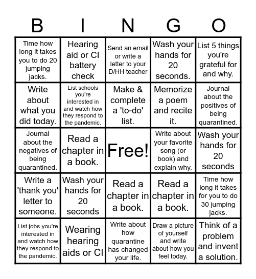 D/HH Bingo (7th grade and up) Bingo Card