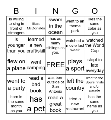 Getting to Know You Bingo Card